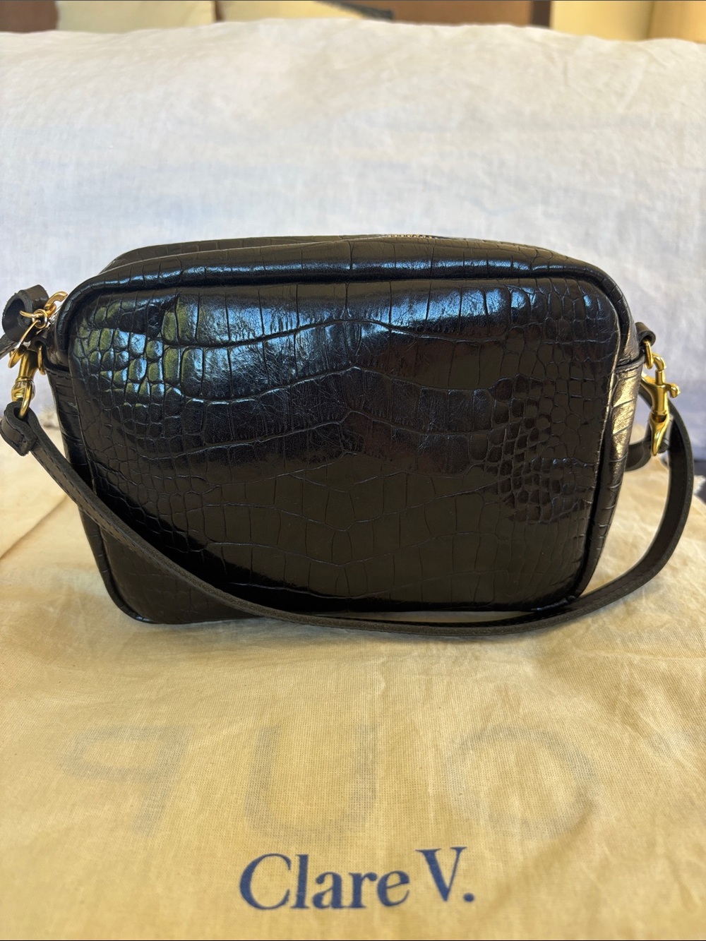 Clare V Midi Sac Black Croc-Embossed Leather with Adjustable Strap